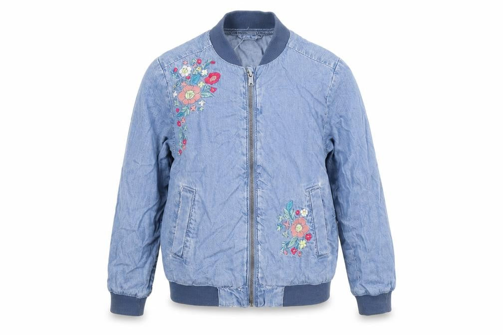 Preworn Girls Blue Floral Denim Bomber Jacket Jacket Size S