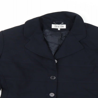Close-up detail of Equation women’s blue rayon jacket blazer, size UK 12