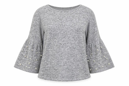 Front view of Bellambia women’s grey knit jumper, size M, - flared sleeves