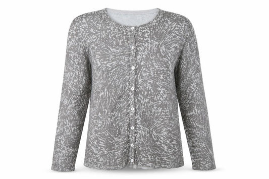 Front view of Bonmarché women’s grey geometric knit cardigan jumper, size M