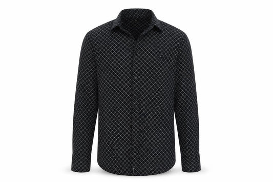 Front view of outrage men’s black argyle/diamond button-up, size M