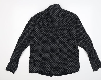 Back view of outrage men’s black argyle/diamond button-up, size M