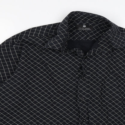 Close-up detail of outrage men’s black argyle/diamond button-up, size M