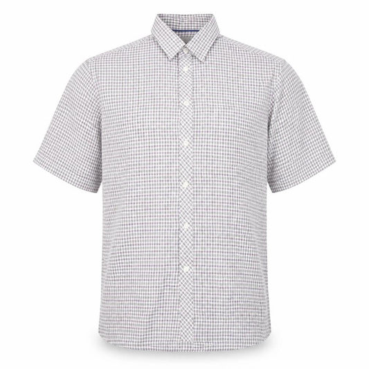 Front view of Marks & Spencer men’s white plaid button-up, size L