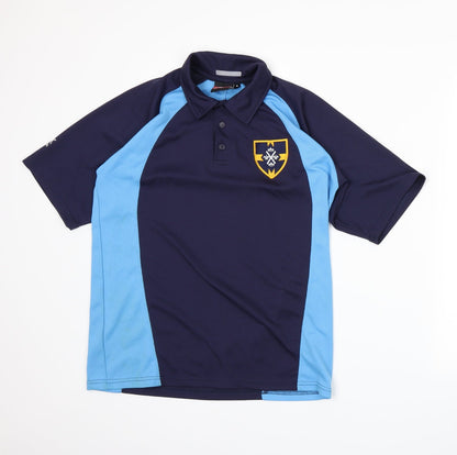 Front view of Akoa men’s blue polo, size M