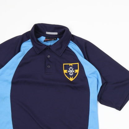 Close-up detail of Akoa men’s blue polo, size M