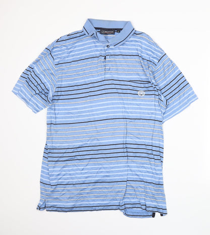 Additional front view of Meantime women’s blue striped basic polo, size XL