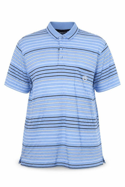 Front view of Meantime women’s blue striped basic polo, size XL