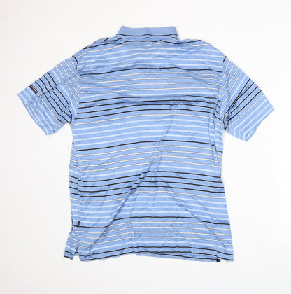 Back view of Meantime women’s blue striped basic polo, size XL