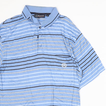 Close-up detail of Meantime women’s blue striped basic polo, size XL