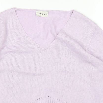 Close-up detail of MINUTE women’s purple jumper, size UK 12