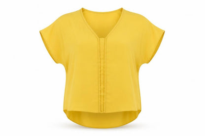 Front view of Atmosphere women’s yellow basic t-shirt, size UK 6, - cut out shoulder