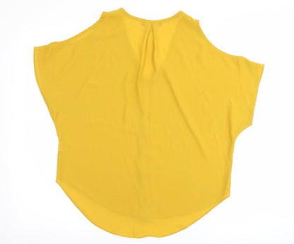 Back view of Atmosphere women’s yellow basic t-shirt, size UK 6, - cut out shoulder