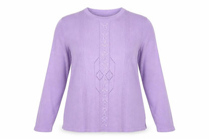 Front view of happit women’s purple jumper, size UK 18