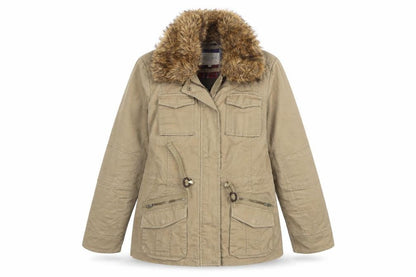 Front view of Indigo women’s beige overcoat coat, size UK 8