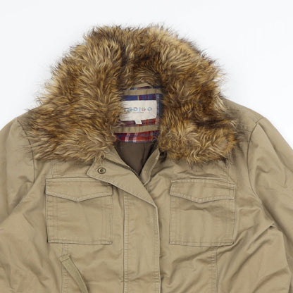 Close-up detail of Indigo women’s beige overcoat coat, size UK 8