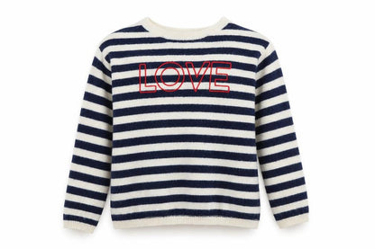 Front view of H&M girls’ blue striped jumper, size 10-11, years - love