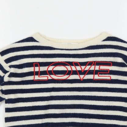 Close-up detail of H&M girls’ blue striped jumper, size 10-11, years - love