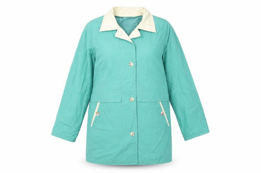Front view of Damart women’s green overcoat coat, size UK 14