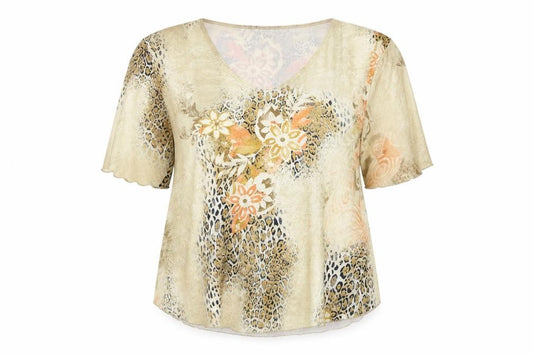 Front view of Sonic Collection women’s beige floral basic t-shirt, size L
