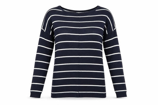 Front view of Atmosphere women’s blue striped jumper, size UK 8