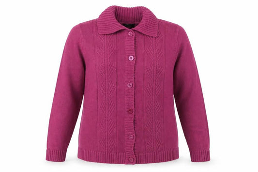 Front view of Bonmarché women’s purple knit cardigan jumper, size M