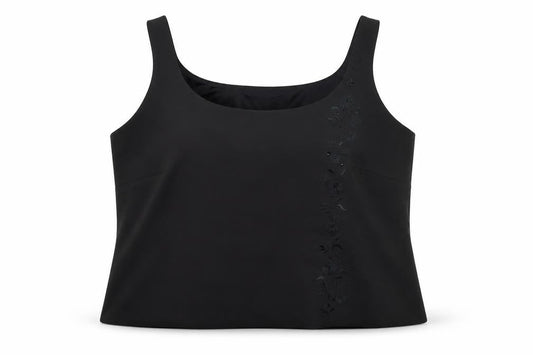 Front view of Condici women’s black floral cropped tank, size UK 16