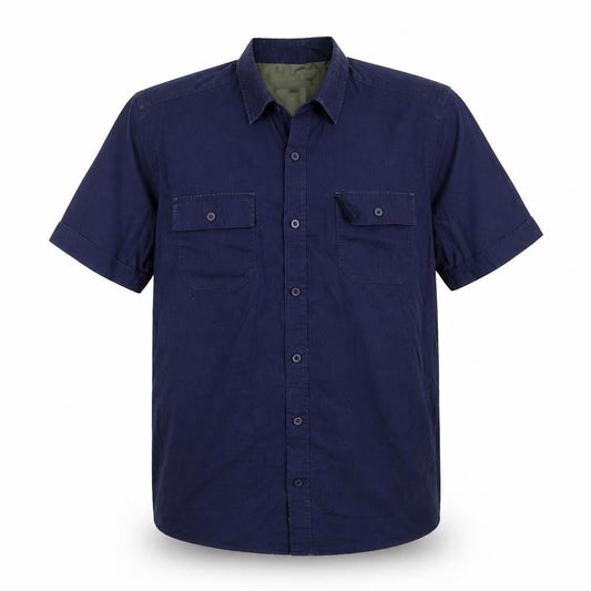 Front view of gero men’s blue button-up, size L
