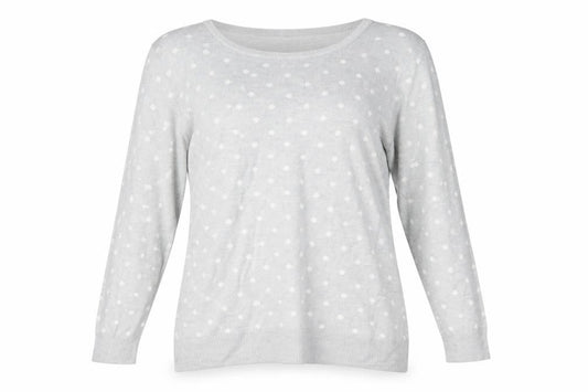 Front view of Preworn women’s grey polka dot jumper, size UK 16