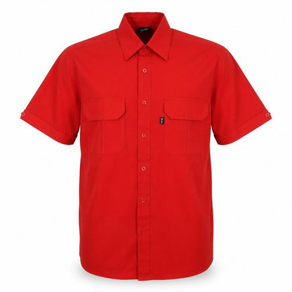 Front view of Nico men’s red button-up, size M