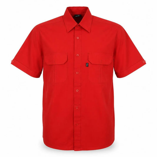 Front view of Nico men’s red button-up, size M
