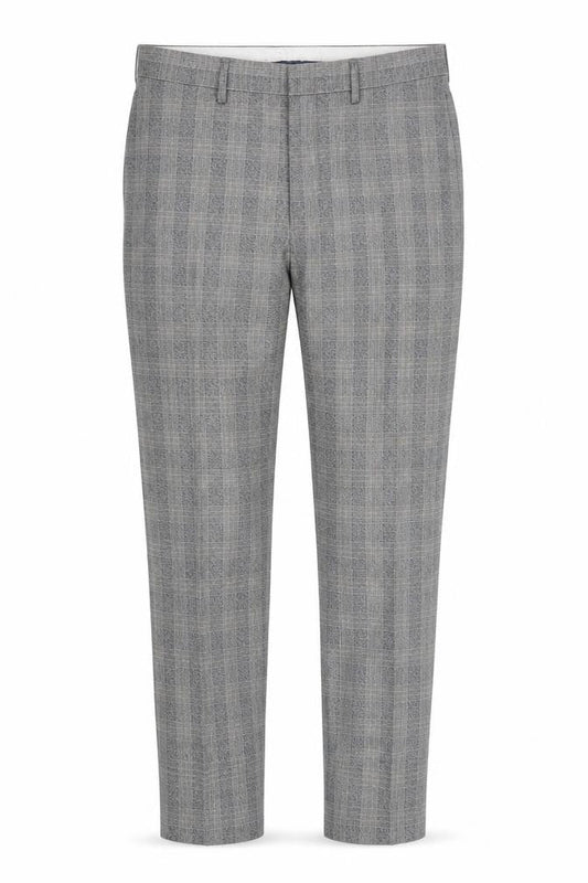 Front view of Marks & Spencer men’s grey check trousers, size 30, 33-inch leg