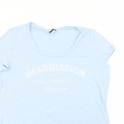 Close-up detail of Renuar women’s blue basic t-shirt, size UK 16