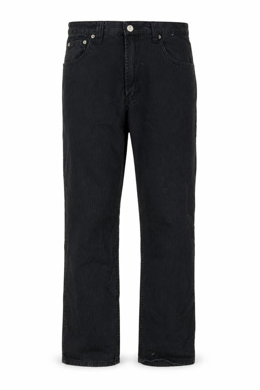 Front view of Matinee men’s black striped straight jeans, size 30, in, 28-inch leg