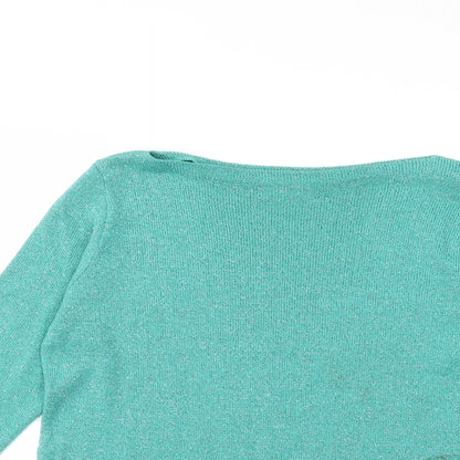 Close-up detail of Kaleidoscope women’s green knit jumper, size UK 14