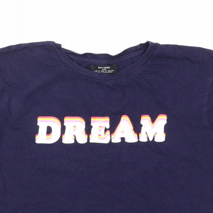 Close-up detail of Bershka women’s blue basic t-shirt, size M