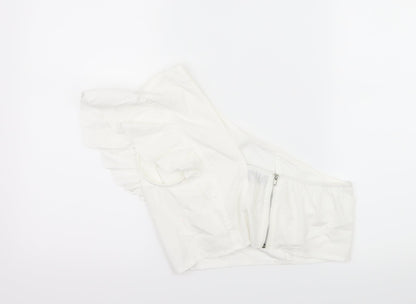 Back view of PRETTYLITTLETHING women’s white basic blouse, size UK 10