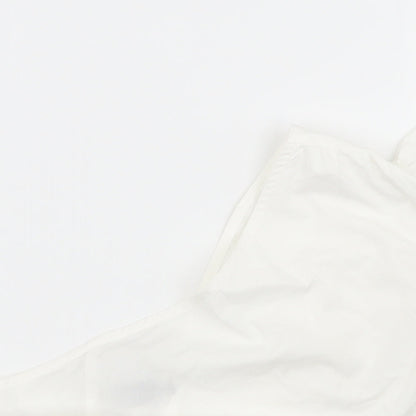 Close-up detail of PRETTYLITTLETHING women’s white basic blouse, size UK 10
