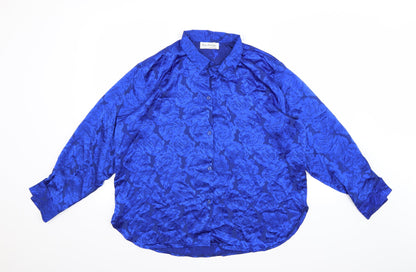 Front view of Miss Selfridge women’s blue floral basic button-up, size UK 14