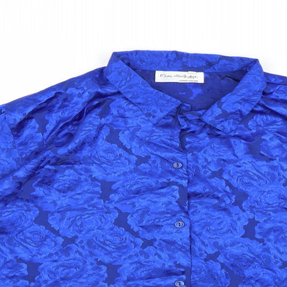 Close-up detail of Miss Selfridge women’s blue floral basic button-up, size UK 14