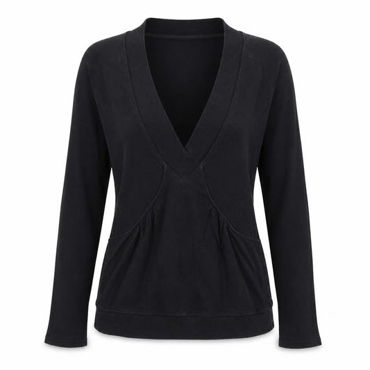 Front view of Preworn women’s black rayon basic t-shirt, size M, - low v neck