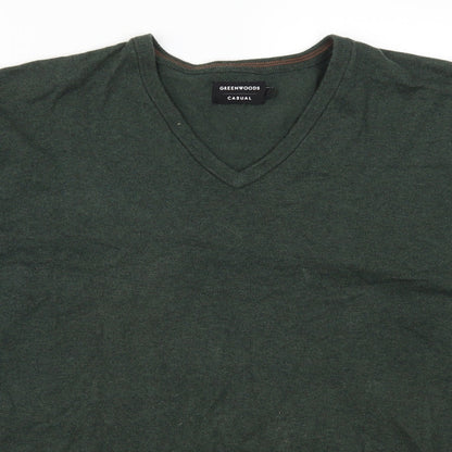 Close-up detail of Greenwoods men’s green jumper, size L