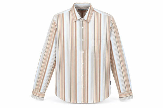 Front view of Easy men’s brown striped button-up, size S