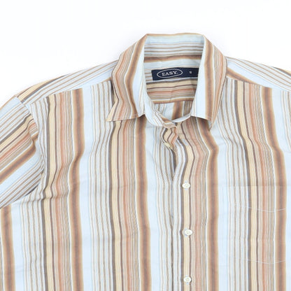 Close-up detail of Easy men’s brown striped button-up, size S