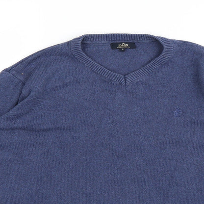 Close-up detail of Easy men’s blue jumper, size L