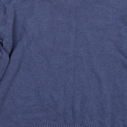 Brand and care label for Easy men’s blue jumper, size L