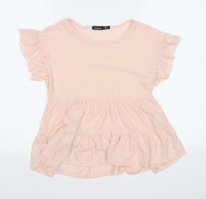 Front view of Boohoo women’s pink chiffon tunic t-shirt, size UK 6