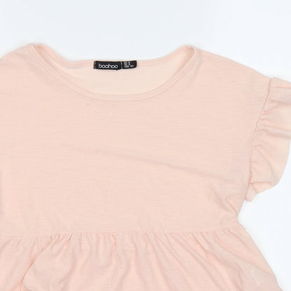 Close-up detail of Boohoo women’s pink chiffon tunic t-shirt, size UK 6