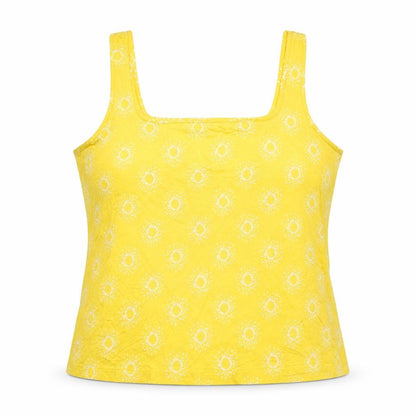 Front view of Warehouse women’s yellow geometric basic tank, size UK 18