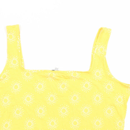 Close-up detail of Warehouse women’s yellow geometric basic tank, size UK 18